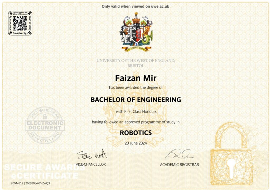 An electronic degree certificate from the University of the West of England, Bristol. It features the university's crest at the top, followed by the text: 'Faizan Mir has been awarded the degree of Bachelor of Engineering with First Class Honours having followed an approved programme of study in Robotics.' The date '20 June 2024' is below. The document is signed by the Vice-Chancellor and the Academic Registrar. There is a QR code in the top left corner for verification, and a security seal indicating 'Secure Awards eCertificate' in the bottom left corner.